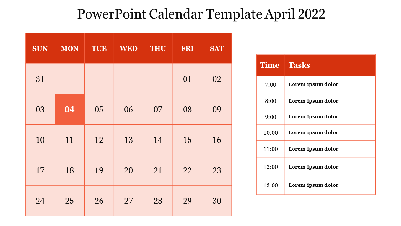 Editable PowerPoint Calendar Template April 2022 Slides